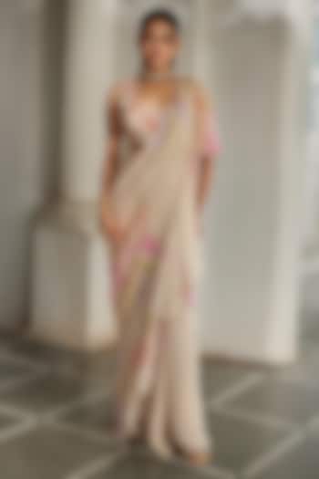 Ivory Chiffon Printed & Embroidered Pre-Draped Wedding Saree Set by Paulmi & Harsh at Pernia's Pop Up Shop