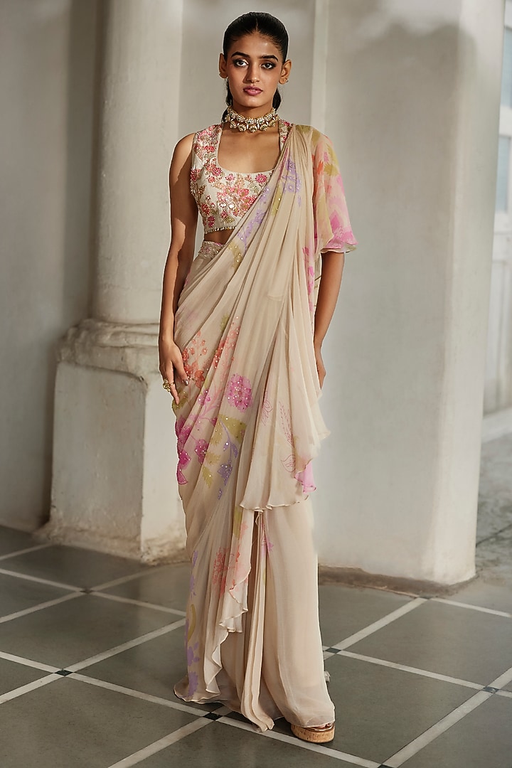 Ivory Chiffon Printed & Embroidered Pre-Draped Wedding Saree Set by Paulmi & Harsh at Pernia's Pop Up Shop