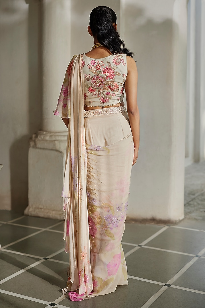 Ivory Chiffon Printed & Embroidered Pre-Draped Wedding Saree Set by Paulmi & Harsh at Pernia's Pop Up Shop