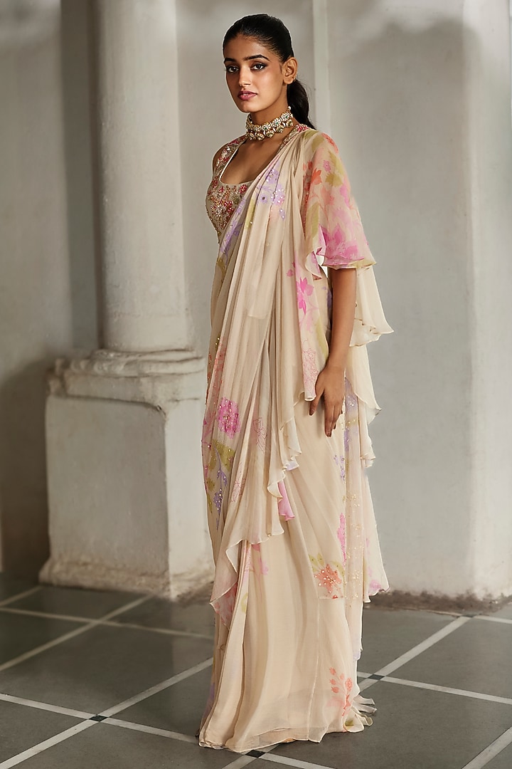Ivory Chiffon Printed & Embroidered Pre-Draped Wedding Saree Set by Paulmi & Harsh at Pernia's Pop Up Shop