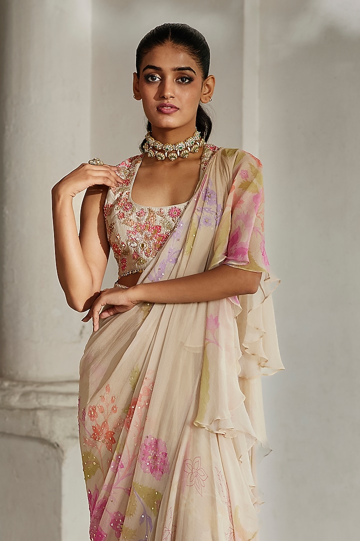 Ivory Chiffon Printed & Embroidered Pre-Draped Wedding Saree Set by Paulmi & Harsh at Pernia's Pop Up Shop