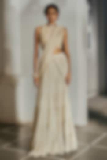 Ivory Georgette Embroidered Pre-Draped Wedding Saree Set by Paulmi & Harsh at Pernia's Pop Up Shop