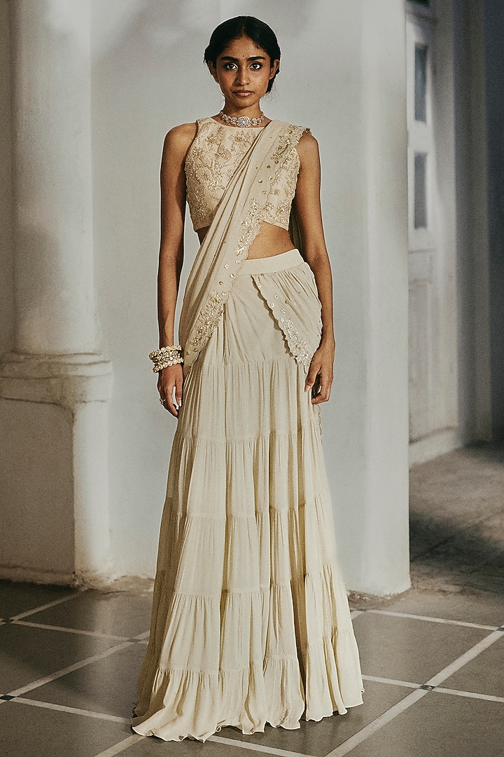 Ivory Georgette Embroidered Pre-Draped Wedding Saree Set by Paulmi & Harsh at Pernia's Pop Up Shop