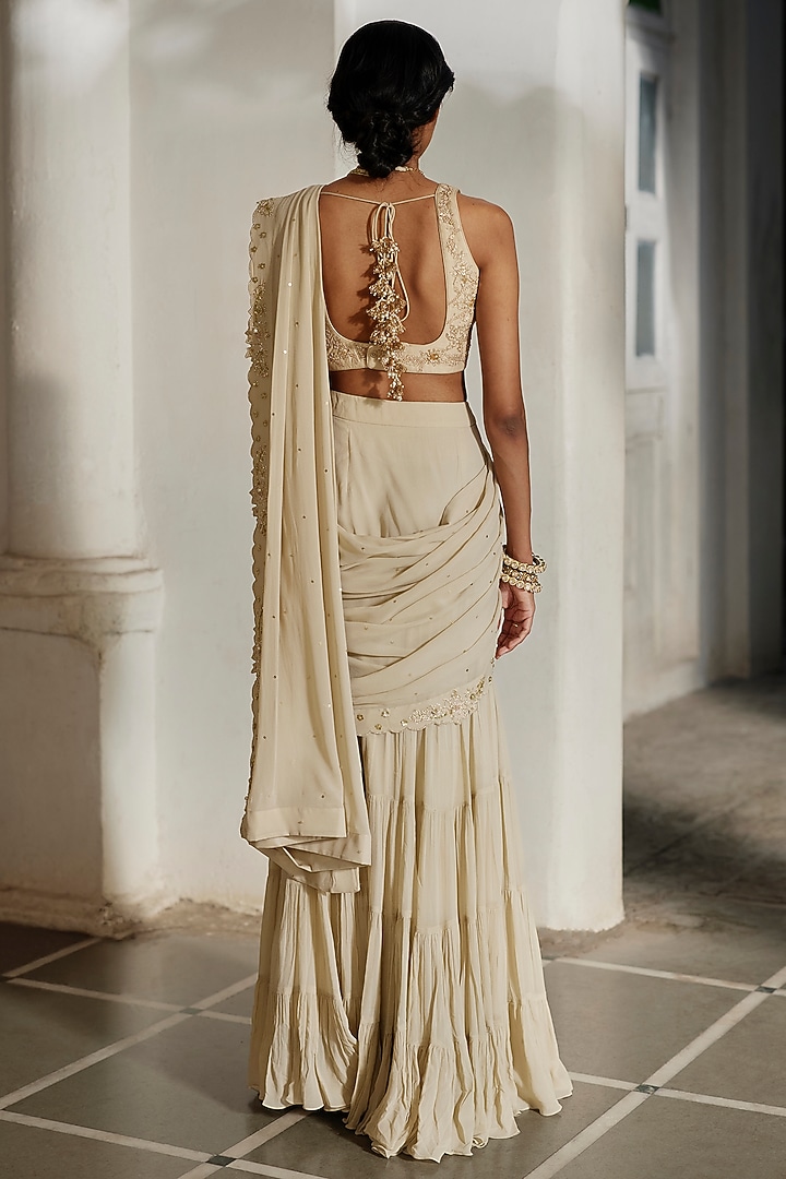 Ivory Georgette Embroidered Pre-Draped Wedding Saree Set by Paulmi & Harsh at Pernia's Pop Up Shop