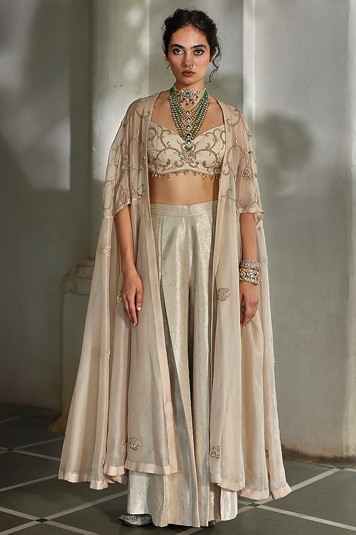 Oatmeal Colored Organza Zardosi Work Cape Set by Paulmi & Harsh at Pernia's Pop Up Shop