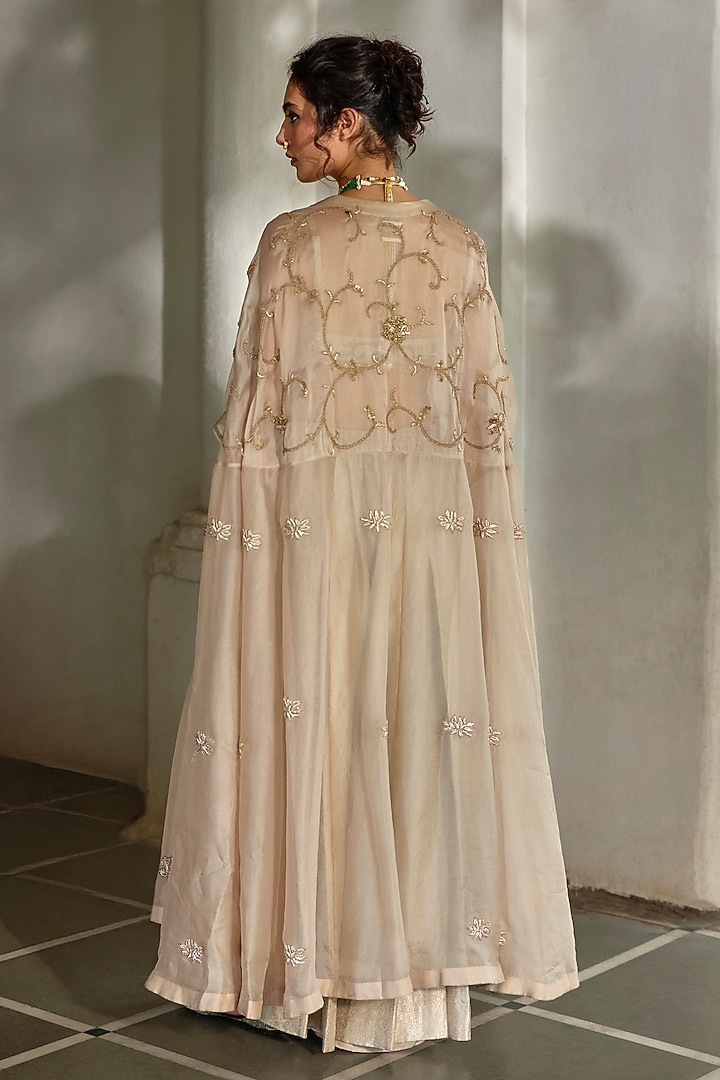 Oatmeal Colored Organza Zardosi Work Cape Set by Paulmi & Harsh at Pernia's Pop Up Shop