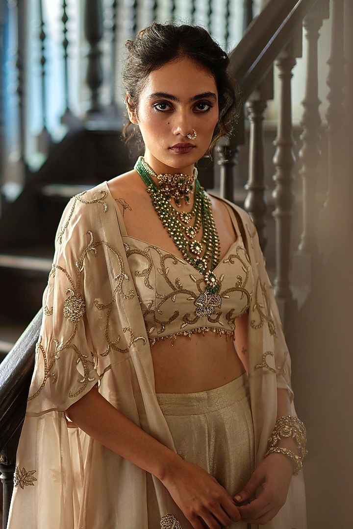 Oatmeal Colored Organza Zardosi Work Cape Set by Paulmi & Harsh at Pernia's Pop Up Shop