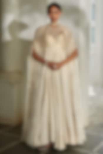 Ivory Jamawar Jacquard Wedding Anarkali With Cape by Paulmi & Harsh at Pernia's Pop Up Shop