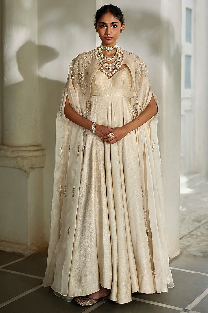 Ivory Jamawar Jacquard Wedding Anarkali With Cape by Paulmi & Harsh at Pernia's Pop Up Shop