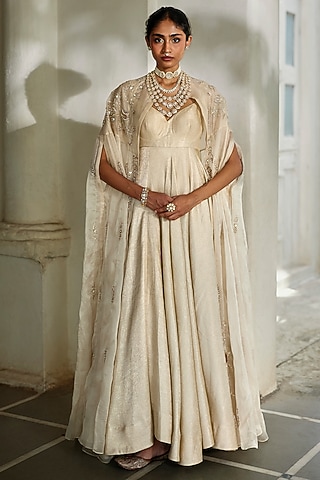 Ivory Jamawar Jacquard Anarkali With Cape by Paulmi & Harsh