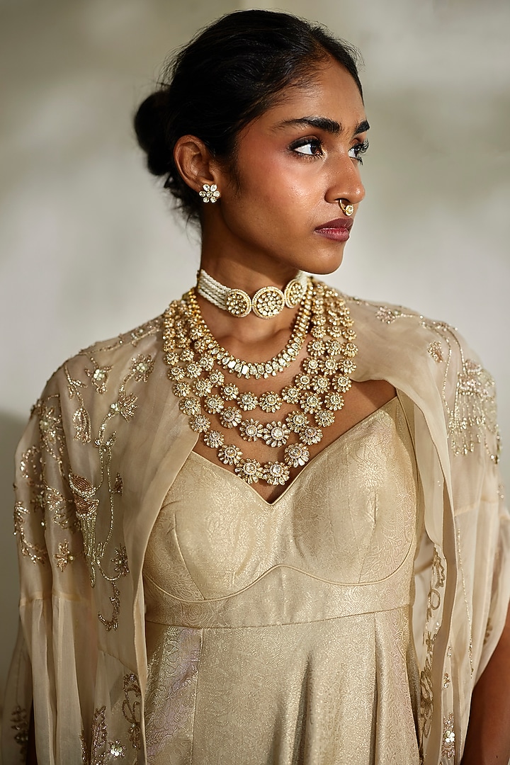 Ivory Jamawar Jacquard Wedding Anarkali With Cape by Paulmi & Harsh at Pernia's Pop Up Shop
