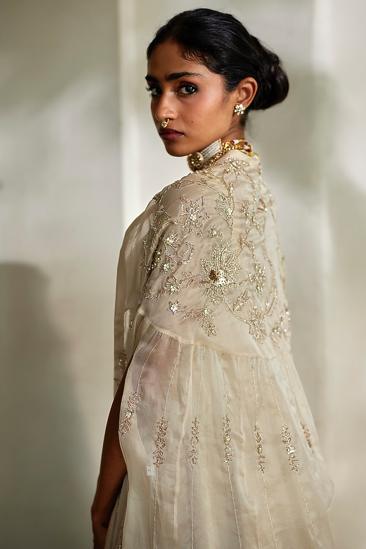 Ivory Jamawar Jacquard Wedding Anarkali With Cape by Paulmi & Harsh at Pernia's Pop Up Shop