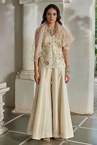 Ivory Jamawar Jacquard Hand Embroidered Kurta Set by Paulmi & Harsh