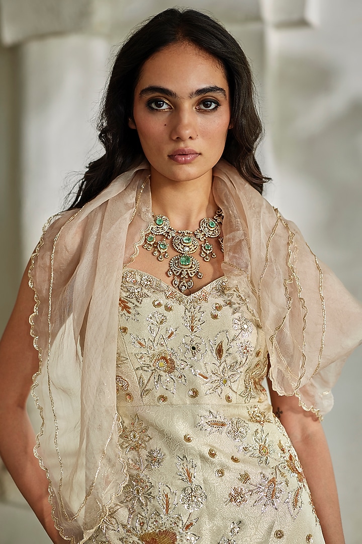 Ivory Jamawar Jacquard Hand Embroidered Kurta Set by Paulmi & Harsh at Pernia's Pop Up Shop