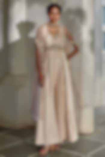 Misty Rose Pink Jamawar Jacquard Embroidered Jumpsuit by Paulmi & Harsh at Pernia's Pop Up Shop