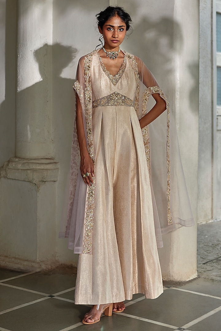 Misty Rose Pink Jamawar Jacquard Embroidered Jumpsuit by Paulmi & Harsh at Pernia's Pop Up Shop