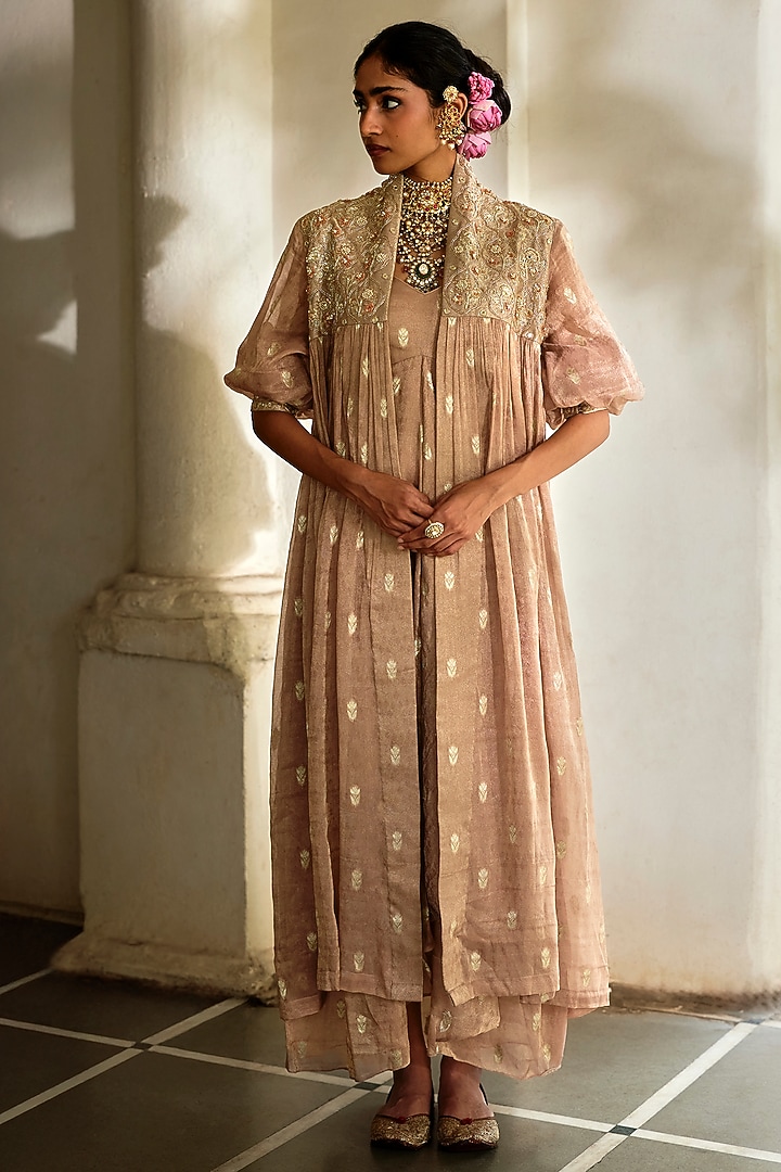 Vintage Brown Tissue Embroidered Jacket Cocktail Dress by Paulmi & Harsh at Pernia's Pop Up Shop