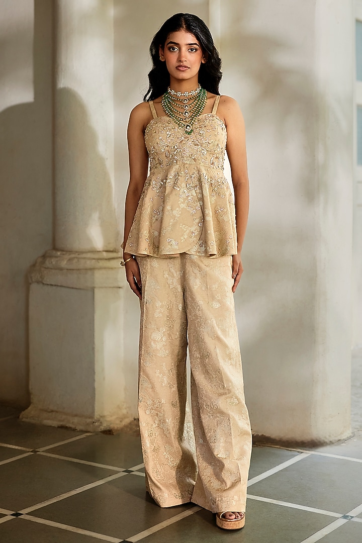 Cream Jacquard Hand Embroidered Co-Ord Set by Paulmi & Harsh at Pernia's Pop Up Shop