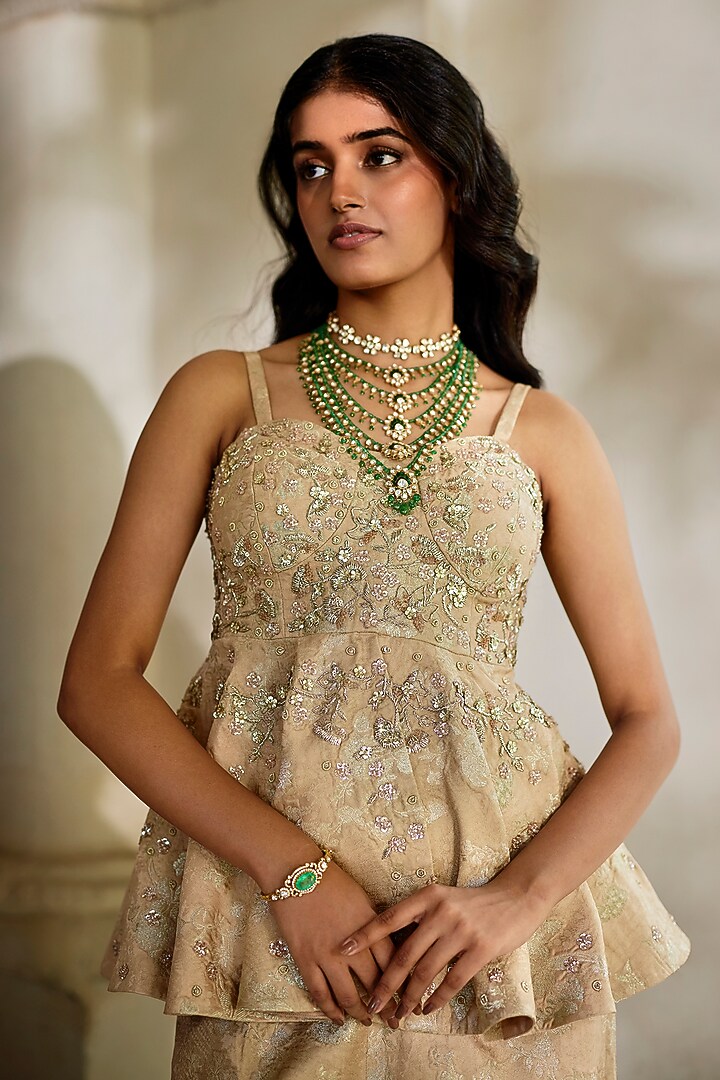 Cream Jacquard Hand Embroidered Co-Ord Set by Paulmi & Harsh at Pernia's Pop Up Shop