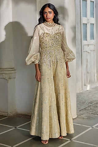Pista Green Jacquard Zardosi Embroidered Jumpsuit by Paulmi & Harsh
