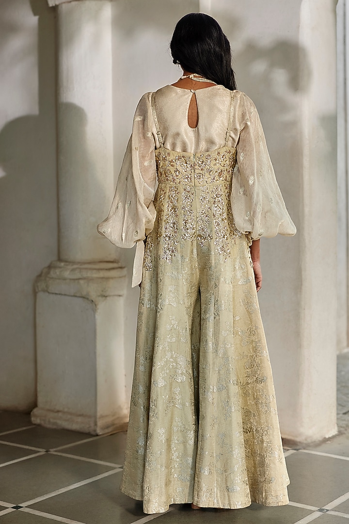 Pista Green Jacquard Zardosi Embroidered Jumpsuit by Paulmi & Harsh at Pernia's Pop Up Shop