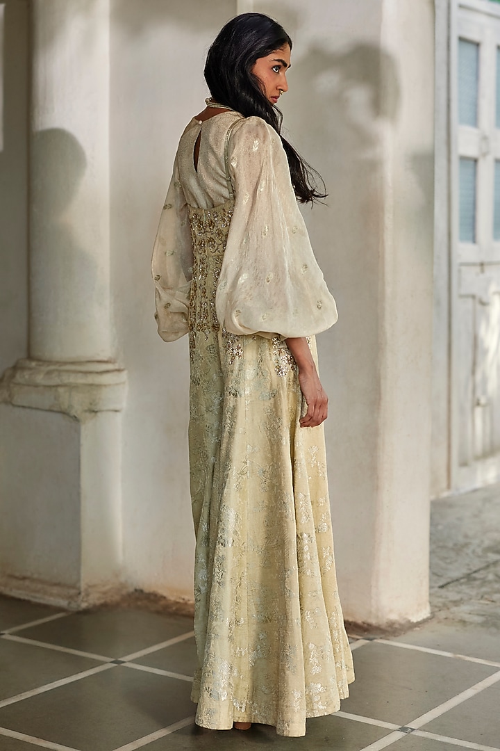 Pista Green Jacquard Zardosi Embroidered Jumpsuit by Paulmi & Harsh at Pernia's Pop Up Shop