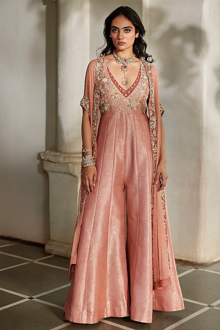 Peach Jamawar Jacquard Embroidered Jumpsuit With Cape by Paulmi & Harsh at Pernia's Pop Up Shop