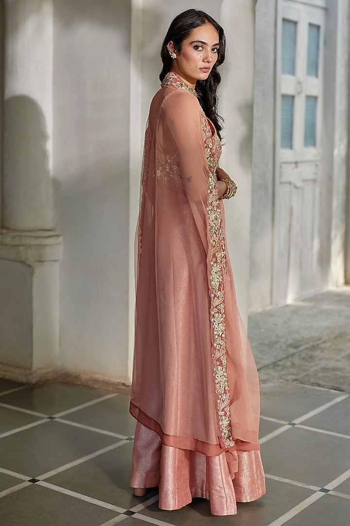 Peach Jamawar Jacquard Embroidered Jumpsuit With Cape by Paulmi & Harsh at Pernia's Pop Up Shop