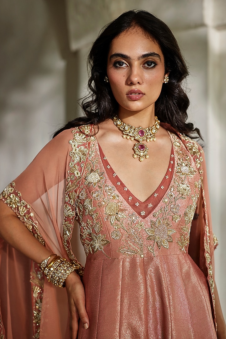 Peach Jamawar Jacquard Embroidered Jumpsuit With Cape by Paulmi & Harsh at Pernia's Pop Up Shop