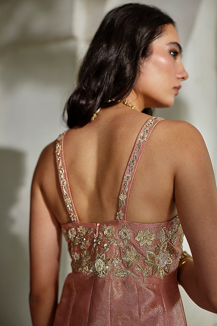 Peach Jamawar Jacquard Embroidered Jumpsuit With Cape by Paulmi & Harsh at Pernia's Pop Up Shop