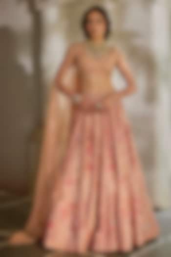 Peach Gokul Chiniya Hand Embroidered Bridal Lehenga Set by Paulmi & Harsh at Pernia's Pop Up Shop