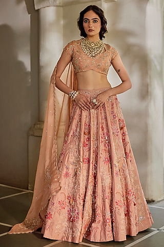 Peach Gokul Chiniya Hand Embroidered Lehenga Set by Paulmi & Harsh