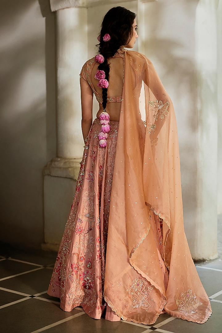 Peach Gokul Chiniya Hand Embroidered Bridal Lehenga Set by Paulmi & Harsh at Pernia's Pop Up Shop