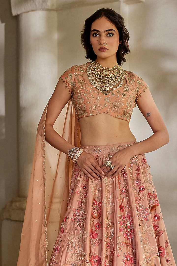Peach Gokul Chiniya Hand Embroidered Bridal Lehenga Set by Paulmi & Harsh at Pernia's Pop Up Shop