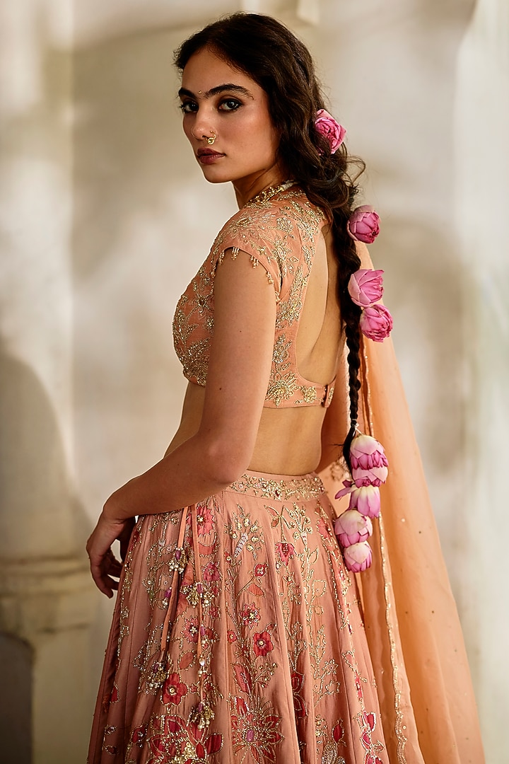 Peach Gokul Chiniya Hand Embroidered Bridal Lehenga Set by Paulmi & Harsh at Pernia's Pop Up Shop