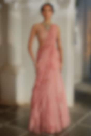 Pink Chiffon Printed & Embroidered Wedding Saree Set by Paulmi & Harsh at Pernia's Pop Up Shop