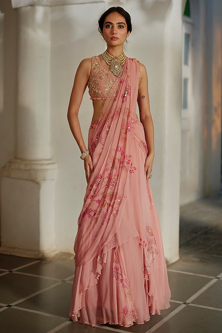 Pink Chiffon Printed & Embroidered Wedding Saree Set by Paulmi & Harsh at Pernia's Pop Up Shop