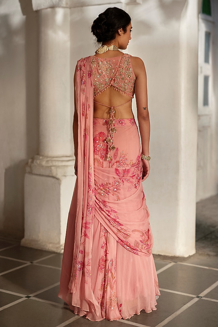 Pink Chiffon Printed & Embroidered Wedding Saree Set by Paulmi & Harsh at Pernia's Pop Up Shop