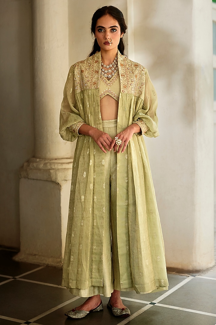 Pista Green Jamawar Jacquard & Tissue Jacket Set by Paulmi & Harsh at Pernia's Pop Up Shop