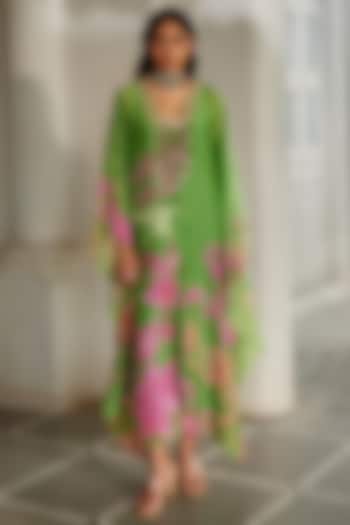 Green Silk Organza Floral Printed Kaftan With Inner by Paulmi & Harsh at Pernia's Pop Up Shop