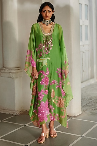 Green Silk Organza Floral Printed Kaftan With Inner by Paulmi & Harsh