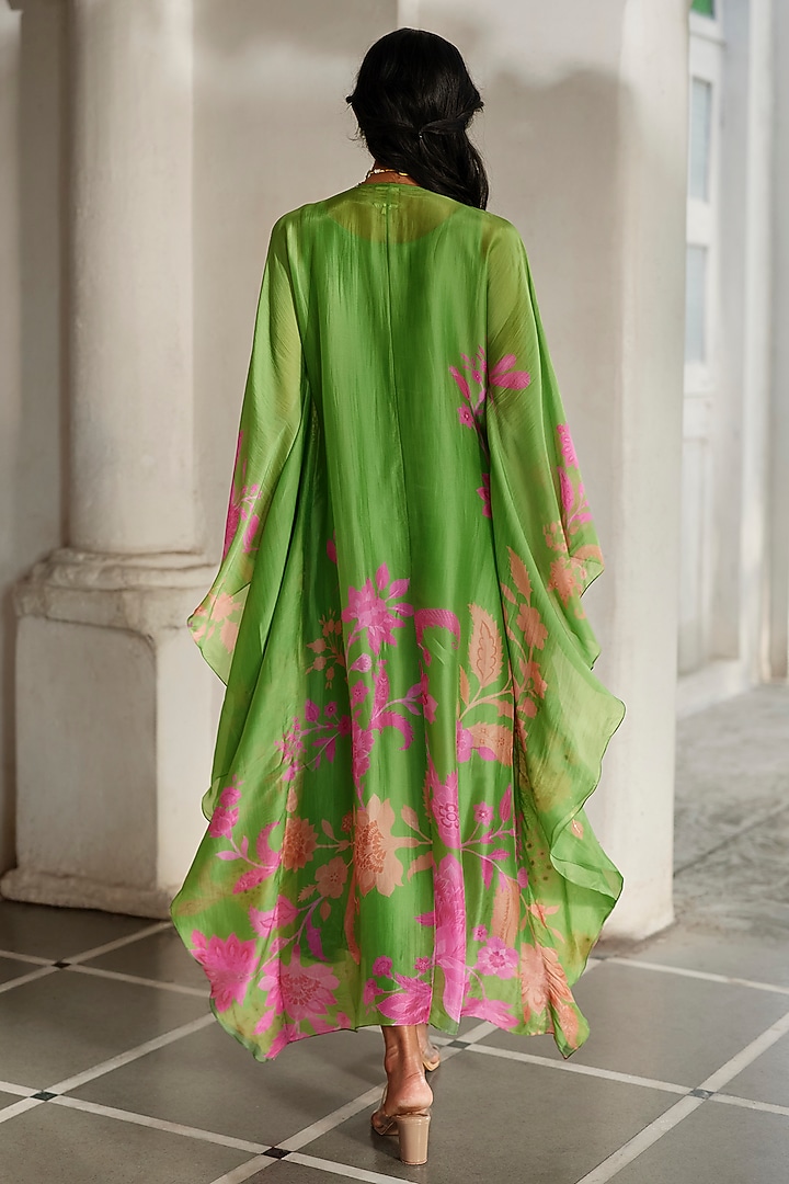 Green Silk Organza Floral Printed Kaftan With Inner by Paulmi & Harsh at Pernia's Pop Up Shop