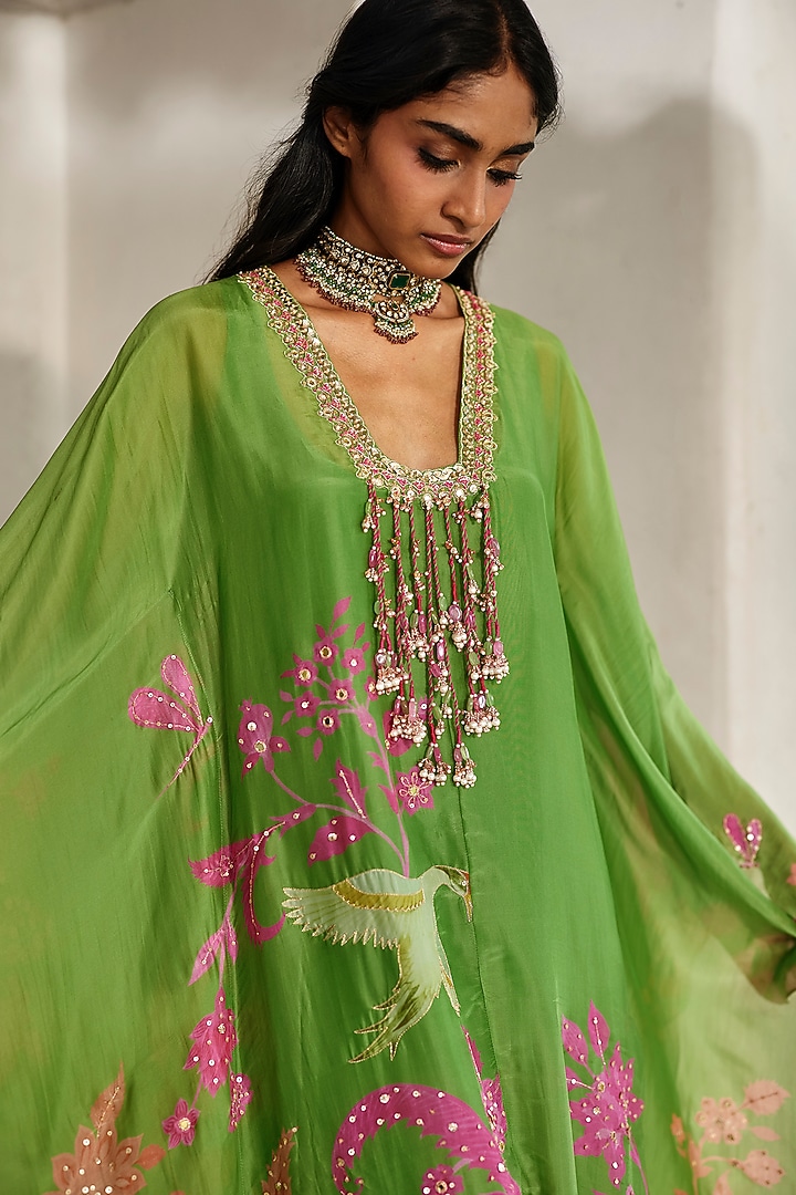 Green Silk Organza Floral Printed Kaftan With Inner by Paulmi & Harsh at Pernia's Pop Up Shop
