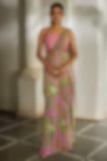 Green Georgette Floral Printed Wedding Saree Set by Paulmi & Harsh at Pernia's Pop Up Shop