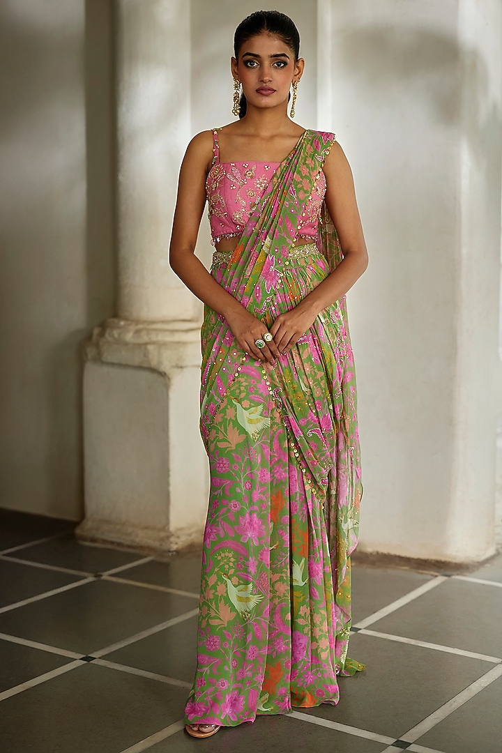 Green Georgette Floral Printed Wedding Saree Set by Paulmi & Harsh at Pernia's Pop Up Shop