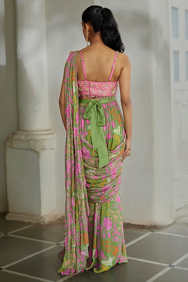 Green Georgette Floral Printed Wedding Saree Set by Paulmi & Harsh at Pernia's Pop Up Shop