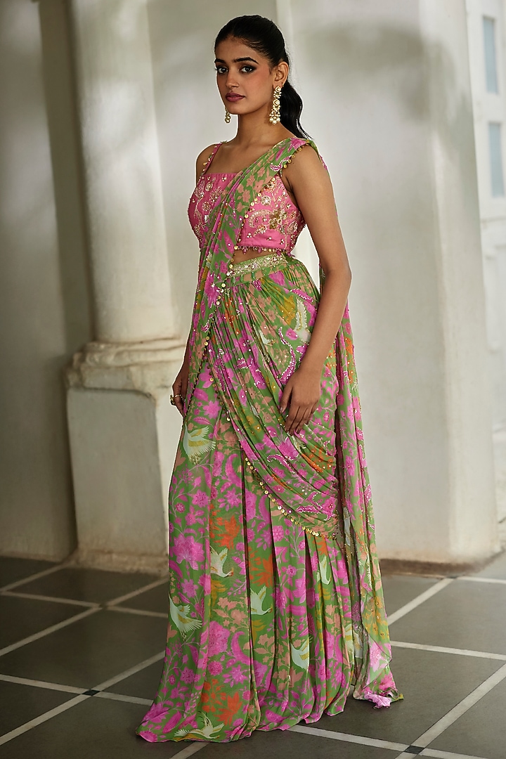 Green Georgette Floral Printed Wedding Saree Set by Paulmi & Harsh at Pernia's Pop Up Shop