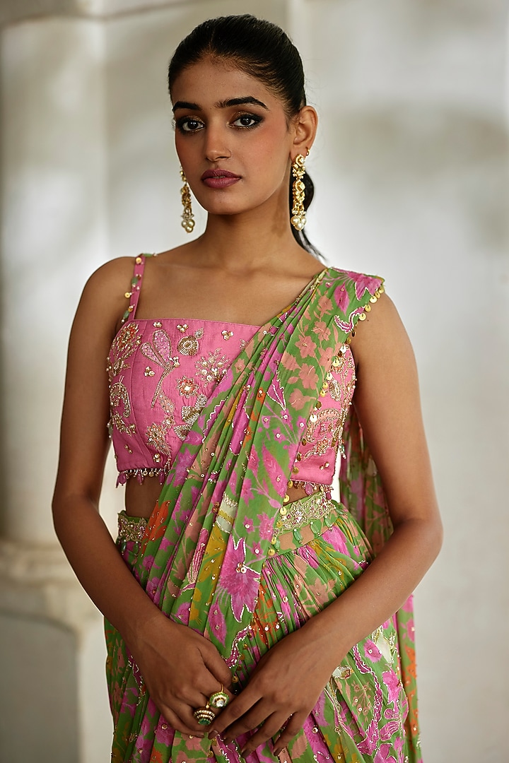 Green Georgette Floral Printed Wedding Saree Set by Paulmi & Harsh at Pernia's Pop Up Shop