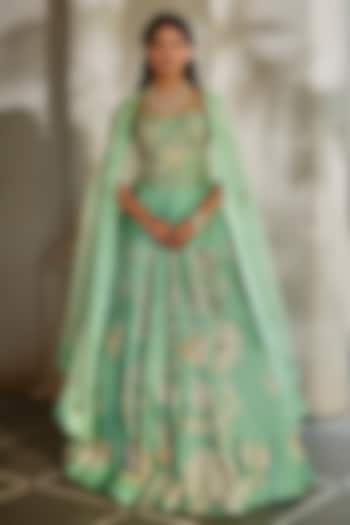 Tiffany Blue Gokul Chiniya & Silk Printed Wedding Lehenga Set by Paulmi & Harsh at Pernia's Pop Up Shop