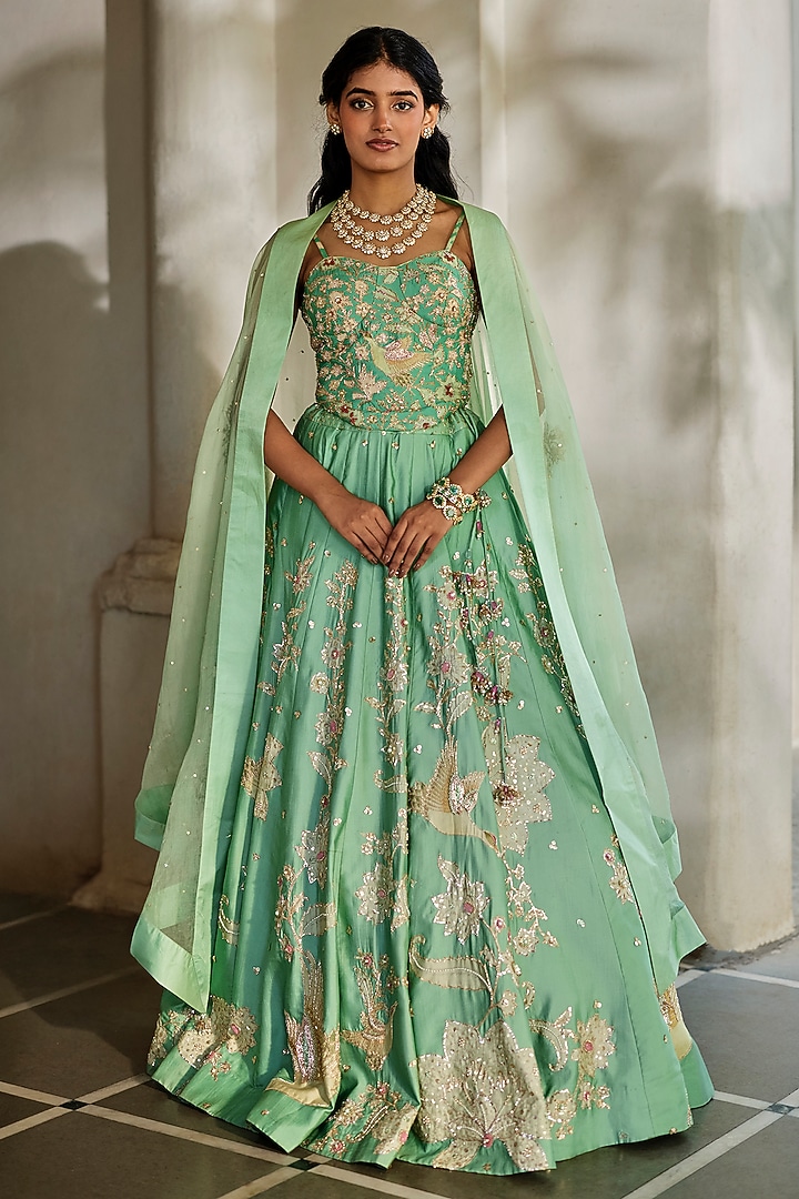 Tiffany Blue Gokul Chiniya & Silk Printed Wedding Lehenga Set by Paulmi & Harsh at Pernia's Pop Up Shop